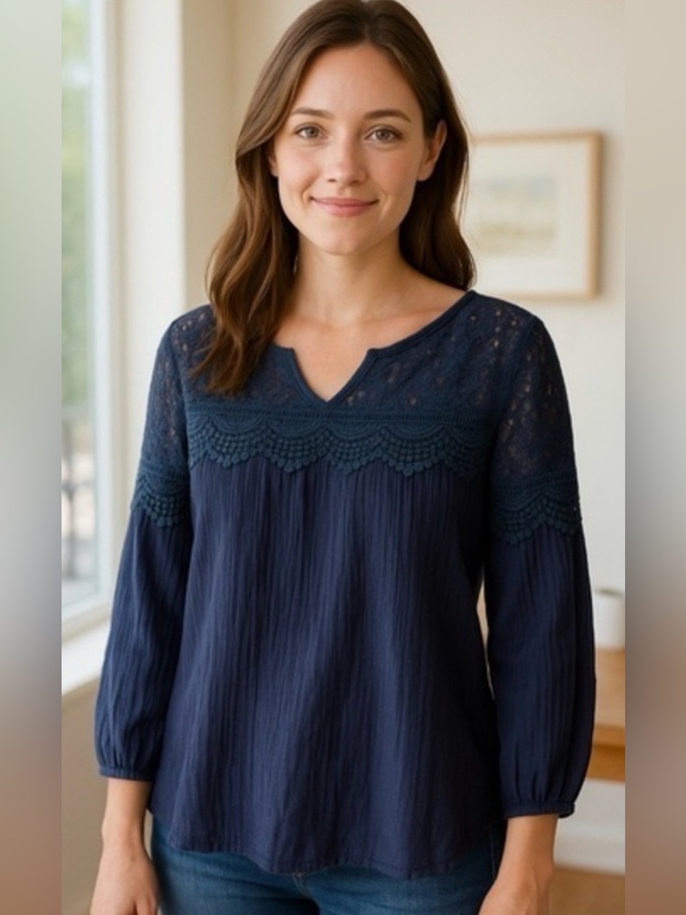 Ellie & Kate Navy Lace Yoke V-Neck 3/4 Sleeve Top Size XL EUC #794